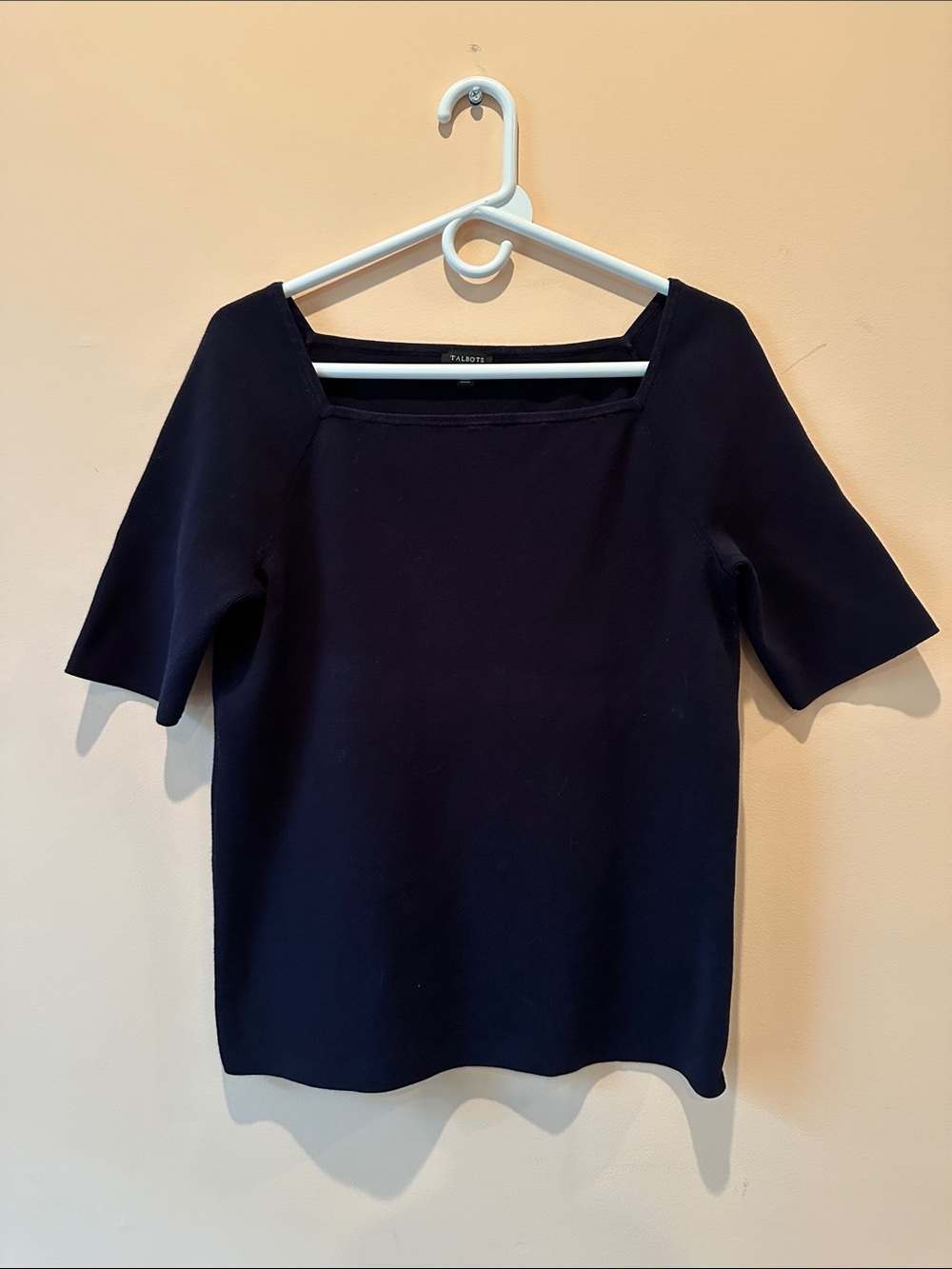 Talbots Navy Square Neck Elbow Sleeve Knit Top Sweater L